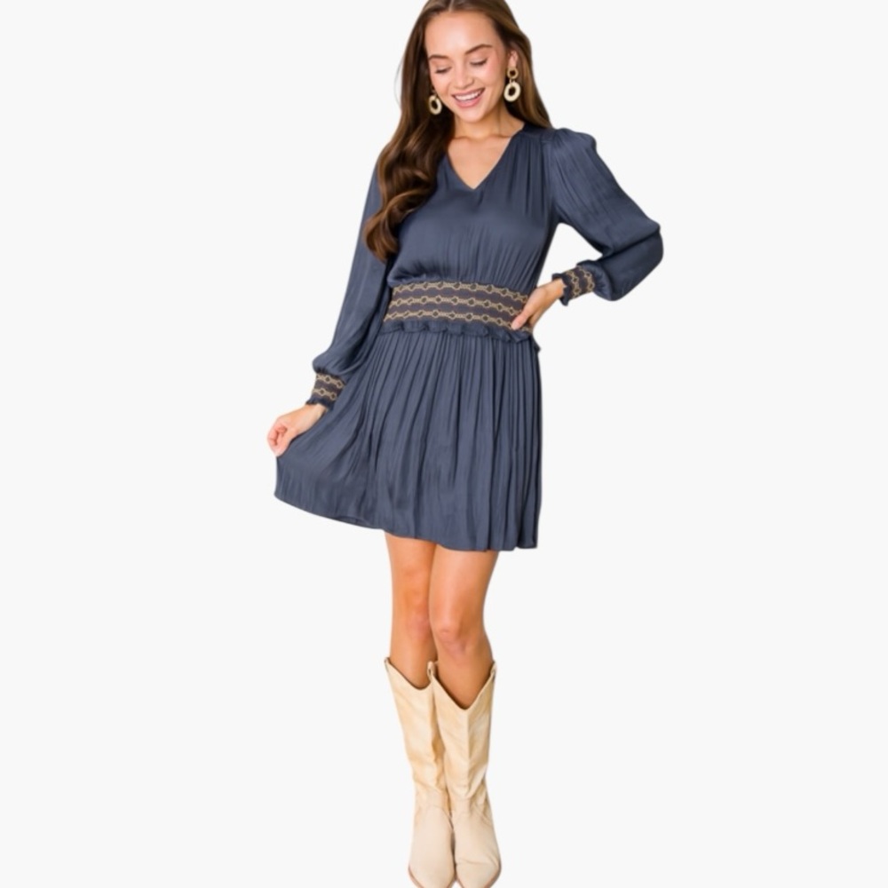 Current Air Stitch Smocking Silk Dress in Navy Blue W2054 Sz XS